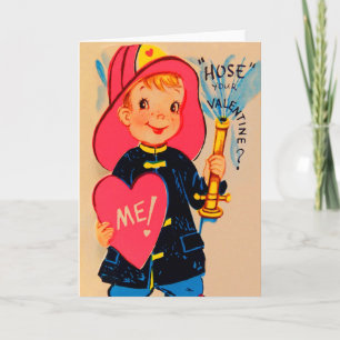 Vintage Retro Boy Fireman Valentine Card Helgkort