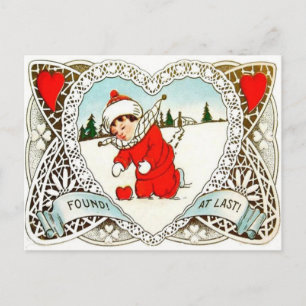 Vintage Retro Boy hittar hjärta i Snö Valentine Helg Vykort