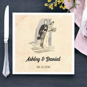 Vintage Retro Bride and Groom Rustic Tecknad Bröll Pappersservett