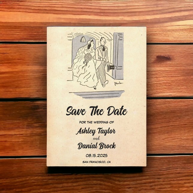 Vintage Retro Bride Groom Bröllop spara datum Inbjudningar (Skapare uppladdad)