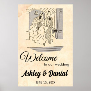 Vintage Retro Bride Groom Rustic Welcome Bröllop Poster