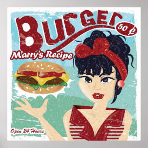 Vintage, Retro Burger-Middagen Poster