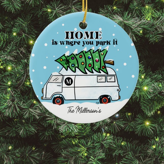 Vintage Retro Camper Van Julgran Photo Julgransprydnad Keramik (Vintage Camper Van Retro Christmas Tree Ornament with Photo)