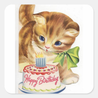 Vintage Retro Cat Kitten Birthday Cake Hälsning Fyrkantigt Klistermärke
