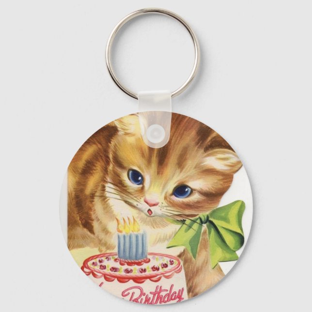 Vintage Retro Cat Kitten Birthday Cake Hälsning Nyckelring (Framsida)
