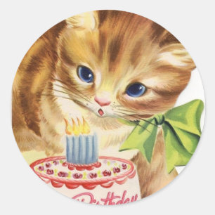 Vintage Retro Cat Kitten Birthday Cake Hälsning Runt Klistermärke