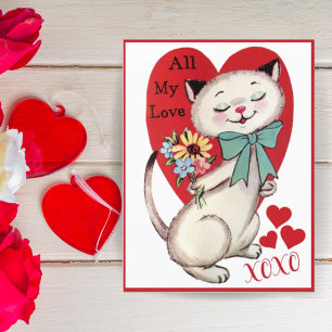 Vintage Retro Cat med blommor Alla hjärtans dag Helg Vykort