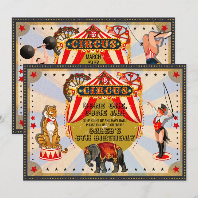 Vintage Retro Circus-Födelsedagsfest Inbjudningar (Fram/baksida)