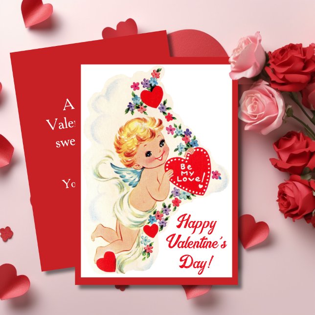 Vintage Retro Cupid Angel Anpassningsbar Valentine Julkort (Vintage Retro Cupid Angel Custom Valentine's Day Holiday Card. Add your name and a special message!)