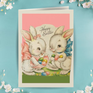 Vintage Retro Cute Bunnies med Eggs Anpassningsbar Helgkort