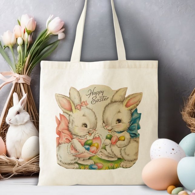 Vintage Retro Cute Glad påsk Bunnies Tygkasse (Vintage Retro Cute Happy Easter Bunnies Tote Bag)