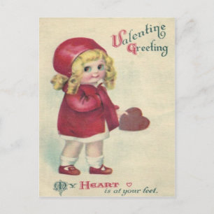 Vintage Retro Cute Little Girl Heart Valentine Helg Vykort