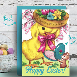 Vintage Retro Cute Påsk Bonnet Chick Anpassningsba Julkort