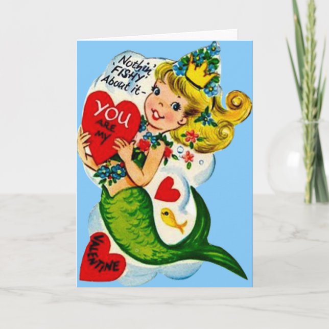 Vintage Retro Cute Sjöjungfru Valentine Card Helgkort (Framsida)