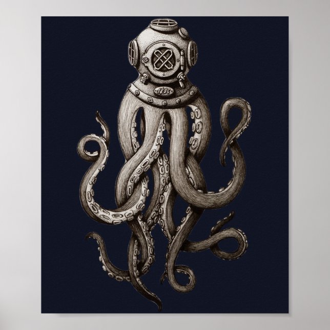 Vintage Retro Diving Kostym Octopus Graphic Design Poster (Framsidan)
