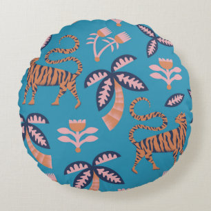 vintage retro färg tiger, handflatan träd, blomste rund kudde