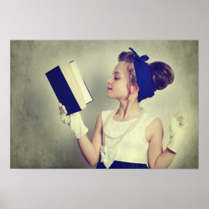 Vintage retro-flicka som läser bok poster