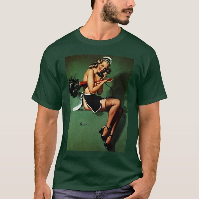 Vintage Retro Fransk Maid Pinup Girl Tee Shirt (Framsida)