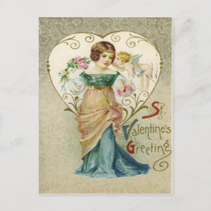 Vintage Retro Girl & Cupid Valentine Card Helg Vykort