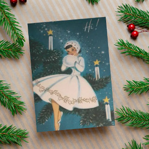 Vintage Retro Girl i vit jul Helgkort