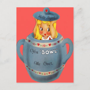 Vintage Retro Girl in Sugar Bowl Valentine Helg Vykort