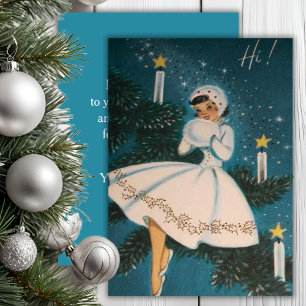 Vintage Retro Girl in White Anpassningsbar jul Julkort