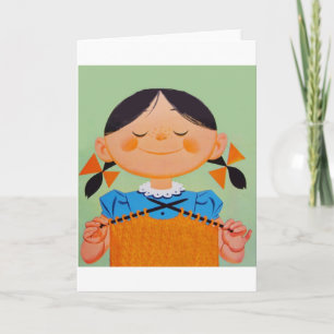 Vintage Retro Girl Kitting Kort