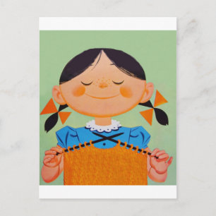 Vintage Retro Girl Knitting Vykort
