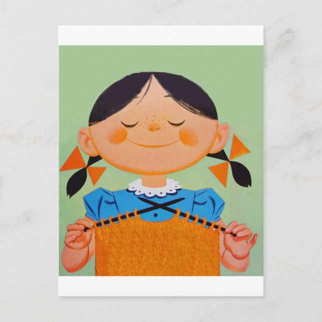 Vintage Retro Girl Knitting Vykort (Framsida)