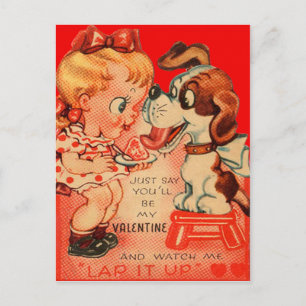 Vintage Retro Girl & Puppy Valentine Card Helg Vykort