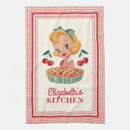 Vintage Retro Girl Red Cherry Gingham Kökshandduk