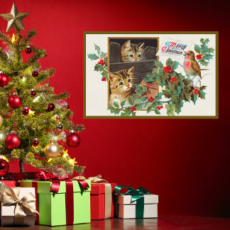Vintage Retro God jul Cute Cat Bird Berry Poster