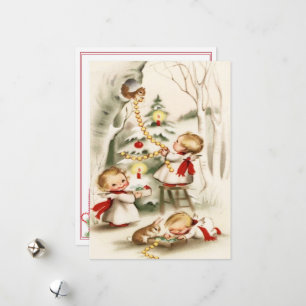 Vintage Retro jul Änglar Träd Bunny Squirrel Julkort