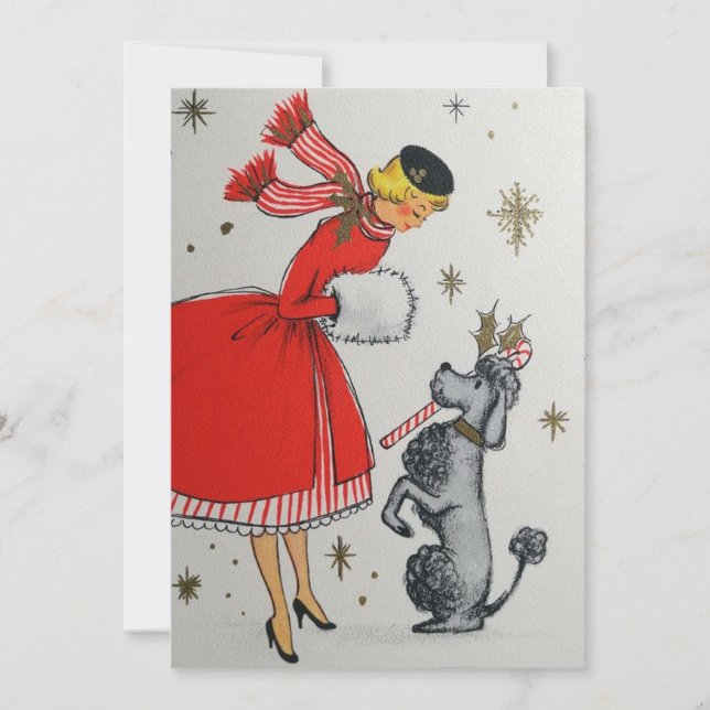 Vintage Retro Jul Kvinna med Pudel Julkort (Framsida)