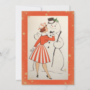 Vintage Retro Jul Kvinna Snöman Högtidlig Kort