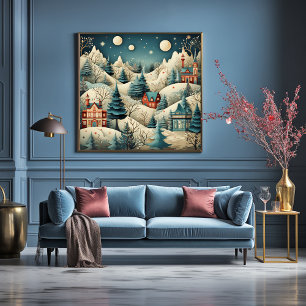 Vintage Retro-julbyn Gräs Träd Snö Poster