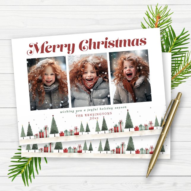 Vintage Retro Julgranar ger Helgdag Photo Julkort (Vintage Retro Christmas Trees Holiday Photo Cards)