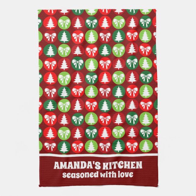 vintage Retro Julgranar och Bows Mönster Kökshandduk (Vertikal)