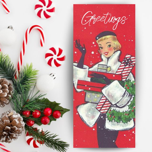 Vintage Retro Julköp Dam Anpassningsbar Julkort (Vintage Retro Christmas Shopping Lady Custom Holiday Card. Add a custom message & your name!)