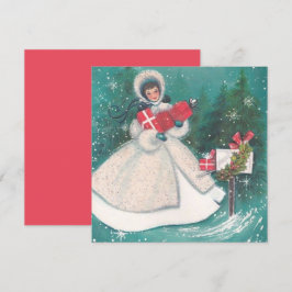 Vintage Retro-julkvinnan med Presenter Julkort