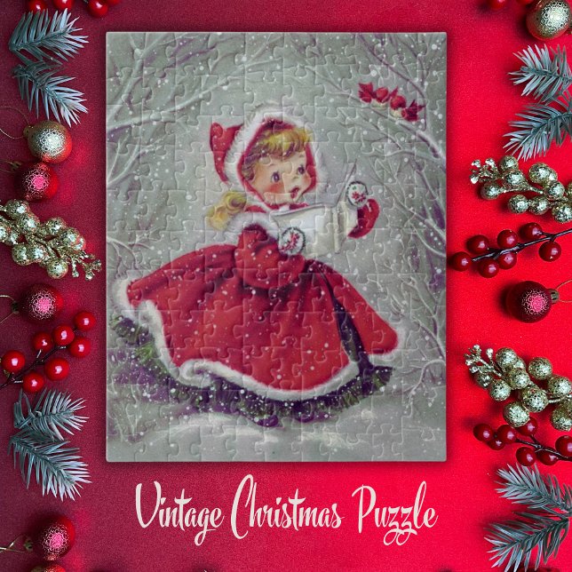Vintage Retro-jullolkning i Snö Pussel (Vintage Retro Christmas Girl Caroling in Snow Jigsaw Puzzle)