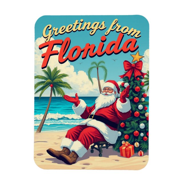 Vintage Retro Jultomten vid Beach-Florida Magnet (Vertikal)