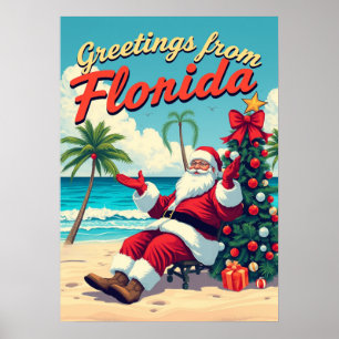 Vintage Retro Jultomten vid Beach-Florida Poster