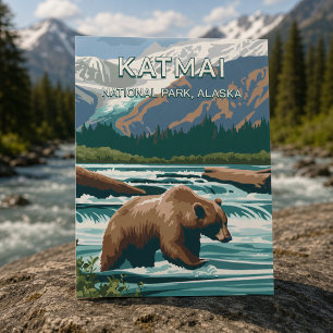 Vintage Retro Katmai National Park Alaska Björn Vykort