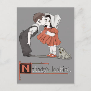 Vintage Retro Kissing Kids with Puppy Postcard Vykort