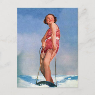Vintage Retro Kitsch Women Vatten Skiing Boogie Vykort