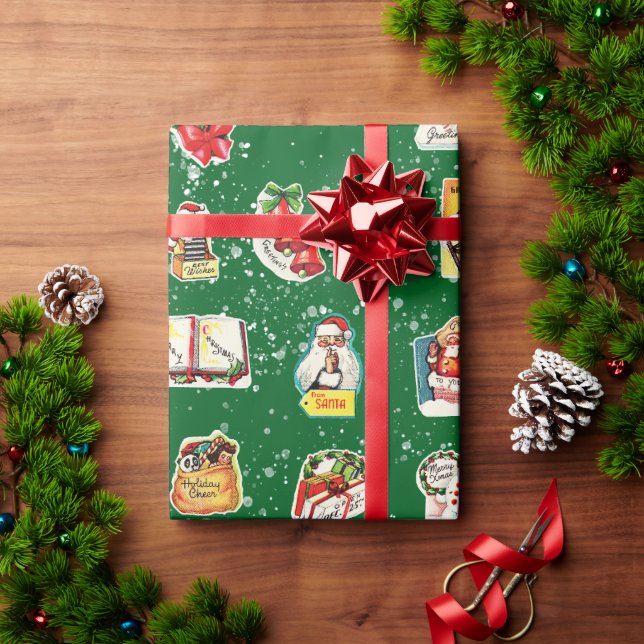 Vintage Retro Kitschy jul Stickers på Grönt Presentpapper (Julgåva)