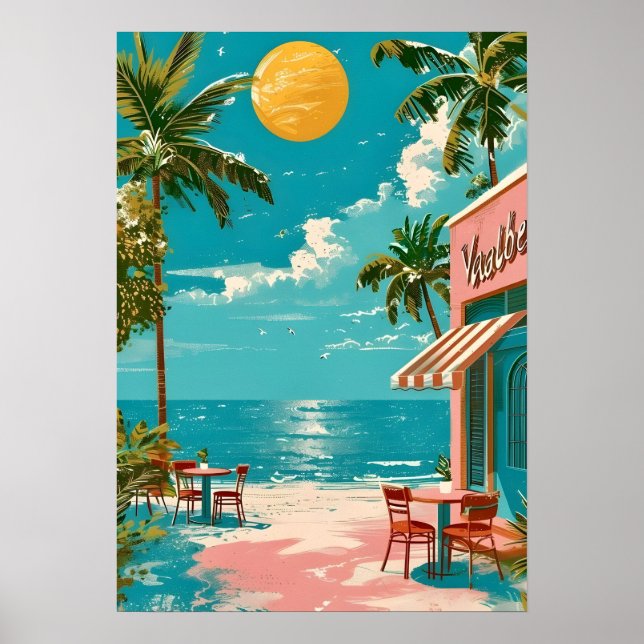 Vintage Retro Kustnära Strandkafé Väggkonstaffisch Poster (Framsidan)