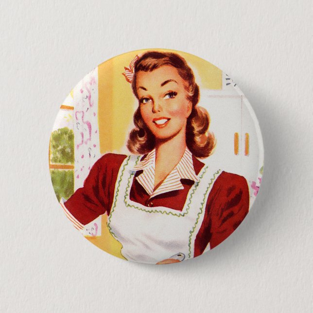 Vintage Retro Kvinnor Kitsch 50s Köksmagi Knapp (Framsida)