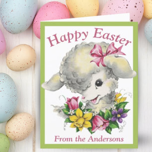 Vintage Retro Lamb och Flowers Glad påsk Anpassnin Helgkort